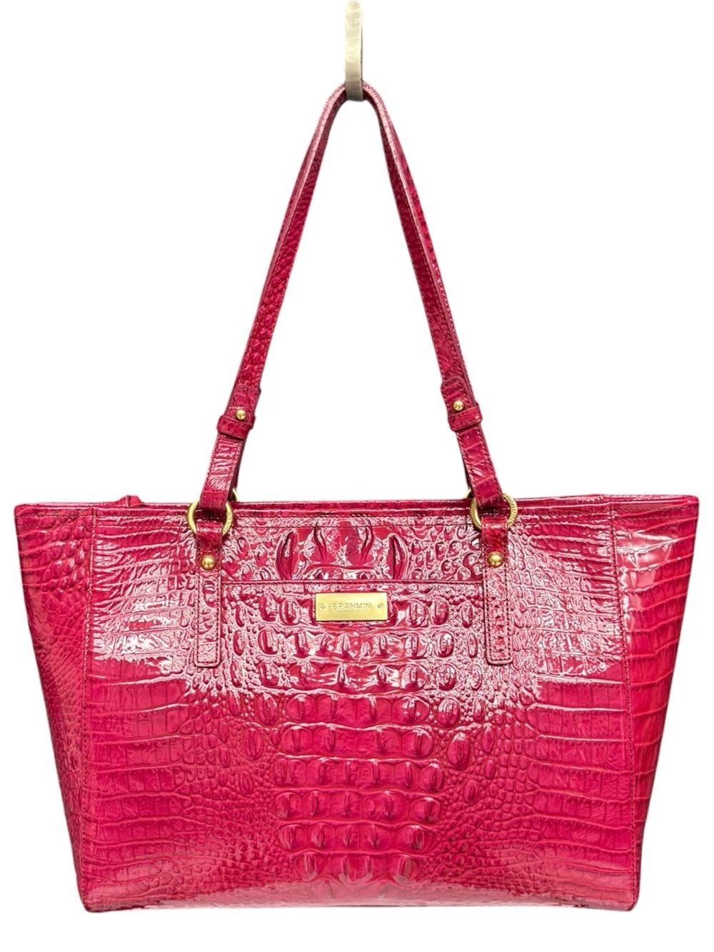 Brahmin Magenta Croc Embossed Leather Tote Shoulder Bag Large Pink Raspberry